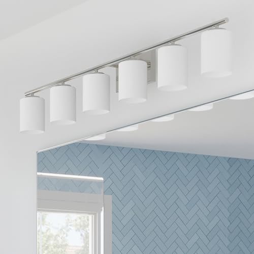 Image of Progress Lighting Replay Collection 48 in. 6-Light Brushed Nickel Etched White Glass Modern Bath Vanity Light