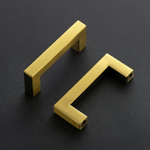 Image of Ravinte 5 Pack Kitchen Gold Cabinet Handles 3 Inch Hole Center Stainless Steel Square Cabinet Pulls for Dresser Drawer Cupboard Handles with Screwdriver