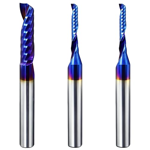 Eyryfui O-Flute Spiral Router Bit Set, 1/4 Inch Shank, Nano-Coated Solid Carbide CNC Router Bits for Aluminum, Plastic, Acrylic, Metal, Wood, MDF (2pcs 1/8"+1pcs 1/4")