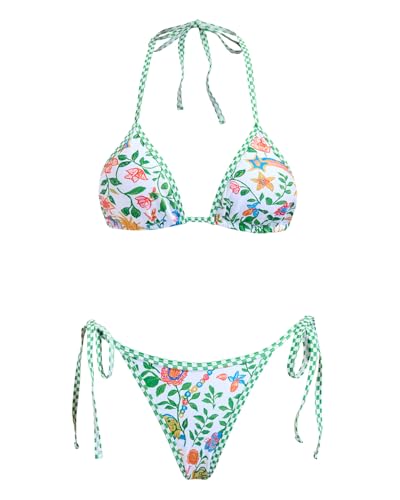 Image of Women's Triangle Bikini Set String Swimsuit Print Tie Smocked Ruched Two Piece Bathing Suit