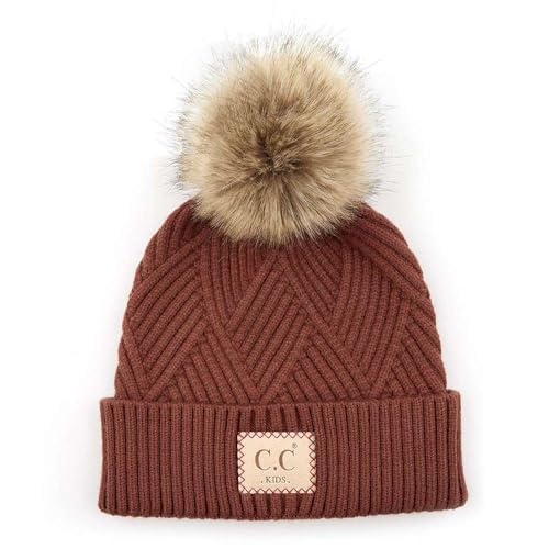 C.C Kids' Suede Patch Snuggly Soft Warm Knit Pom Cuff Beanie