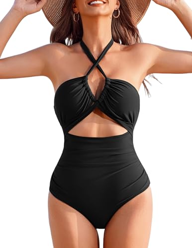 AI'MAGE Women's Sexy One Piece Swimsuit Tummy Control Criss Cross Bathing Suit Push Up Swimsuits V Neck Cutout Swimwear 2025