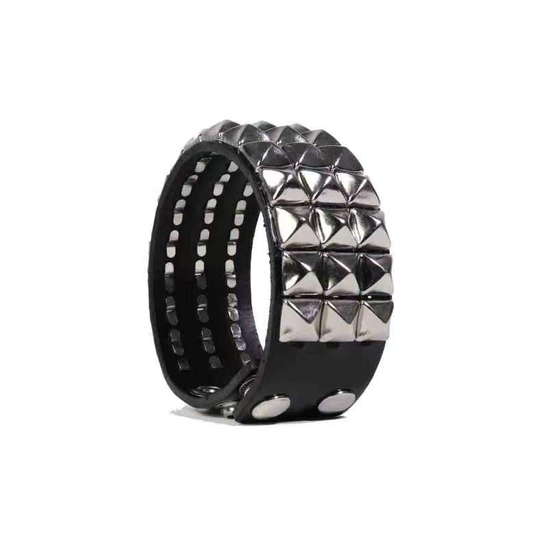 Genuine Leather Bracelet Cuff with Spikes studded Rivets - Adjustable Metal Wristband for Men Women, 80s Goth Rock Accessories