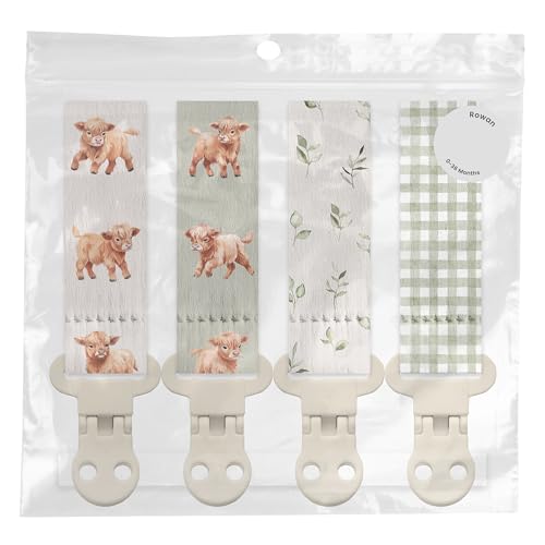 Image of Stadela Baby Fabric Pacifier Clip Holder, Plastic Clip, 4‑Pack, Farm Pattern, Rowan Set
