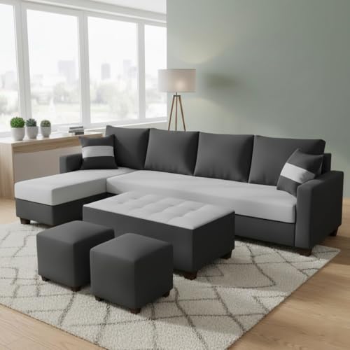 Image of CASASTYLE Adonway 8 Seater Fabric LHS L Shape Sofa Set (Light Grey-Dark Grey) Premium Velvet Finish | Ideal for Living Rooms