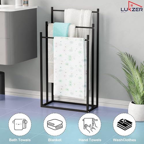 Image of Lukzer Premium Metal Towel Rack | 3-Bar Sturdy Free-Standing Garment Organizer Stand | Multi-Functional & Versatile for Towels, Clothes, and Accessories (MGS-007 /Black /45x22x85 cm)