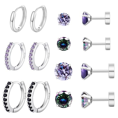 Surgical Stainless Steel Earrings for Sensitive Ears Flat Back Stud Earrings Hoop Earrings Set for Women Hypoallergenic Cubic Zirconia Earrings Tiny CZ Nap Studs for Cartilage