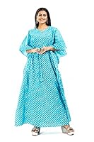 MODI FACTORY Jaipur Export Quality,Women's Cotton Kaftan Plus Size Maxi Caftan Gown Handmade Jaipur Block Print Sleepwear One Piece Long Dress Light Blue Jaipur,Free Size,
