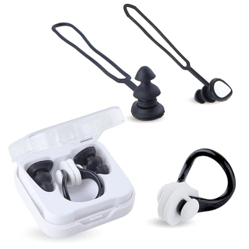 Set mit Ohrstöpseln und Nasenklammer für Kinder und Erwachsene, Schwimmstöpsel und Nasenklammer aus Silikon, weich und bequem, mit Anti-Verlust-Schnüren und Transportbox