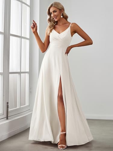 Image of Ever-Pretty Women's Summer Backless Spaghetti Straps Bridesmaid Dresses Chiffon V-Neck Slit Long Formal Wedding Guest Dress