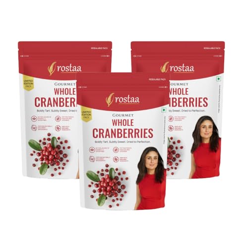 Image of Rostaa Gourmet Whole Cranberries | Premium Dried Cranberrie Rich in Antioxidants, Fiber & Vitamin C | Supports Immunity, Digestion & Heart Health | Naturally Sweet & Tangy Healthy Snack | 200g, Pack of 3 (600 GM, Whole Cranberrie )