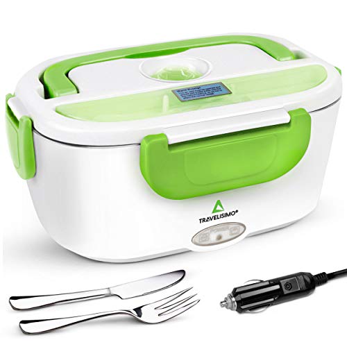 TRAVELISIMO Fiambrera Electrica para Coche 12V, Calienta Comida en Minutos, Fiambrera Termica Termo Comida Caliente Acero Inoxidable 1.5L 40W, Tupper Electrico Portatil Tenedor y Cuchillo