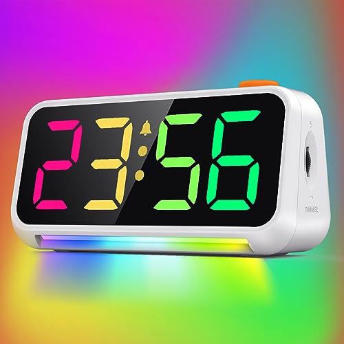 XREXS Wecker Laut für Tiefschläfer, Digitaler Wecker mit 7 Farben für Kinder, Erwachsene | Dynamisches RGB-Farbwechseluhr,1 Stunde Daueralarm,LED-Anzeige,Stimmungslicht,0-100% Dimmer/Lautstärke