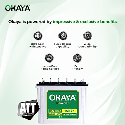 Image of OKAYA PowerUP OPHT18036 150Ah Tall Tubular Inverter Battery for Home, Office & Shops with Certified Extra Backup | Spillage Free & Low Maintenance Design | 36 Months Warranty