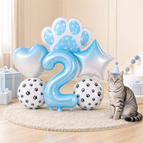 Image of Dog and Cat 3rd Birthday Paw Print Foil Mylar Balloons Pet Decorations Set | 40IN Blue Number 3 Helium balloons Heart Star Round Paw Balloon for Pet Theme or Children 3rd Birthday Party Supplies 6PCS