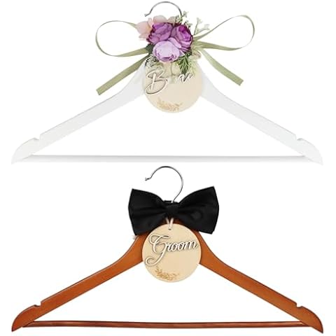 Bride Hanger, 2 Pack Wedding Hanger Bridal Hanger Bride Groom Hanger Personalized Name Tags, Dark Wood and White Wood Bridal Dress Hanger, Ideal Keepsake for Wedding Day Photos and Gift Cover
