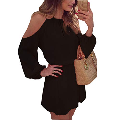VESTIDO CURTO FEMININO COM OMBRO VAZADO (PRETO, M)