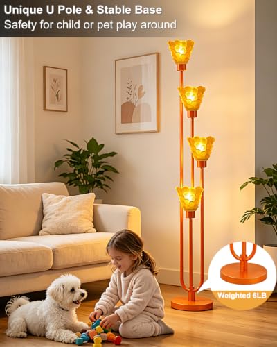 Image of Lightdot Glass Floor Lamp Dimmable 4-Light Orange Shade Gold Floor Lamps | Mid Century Modern Standing Tall Lamp with 5Lbs Heavy Base for Living Room /Bedroom /Sofa Beside /Corner Decor -Bulbs Included