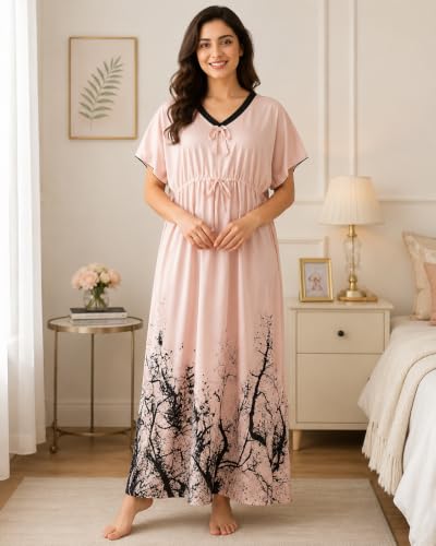 Image of Noty Women's Kaftan Nighty | Digital Print | Sarena Fabric | V Shaped Neck Nightwear | Nightdress for Girl
