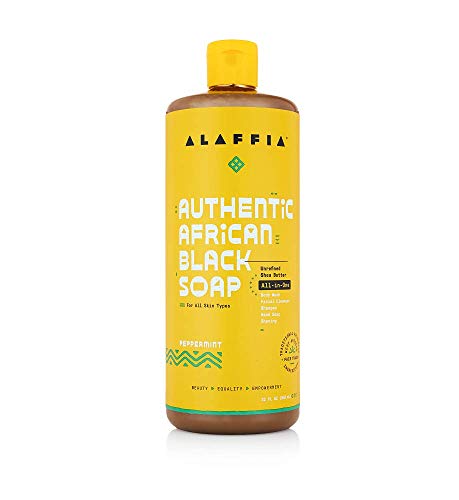Alaffia Authentic African Black Soap All-in-One, Peppermint, 32 Oz. Body Wash, Facial Cleanser, Shampoo, Shaving, Hand Soap. Perfect for All Skin Types. Fair Trade, No Parabens, Cruelty Free, Vegan