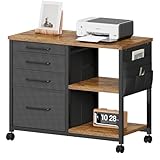 YeTom サイドキャビネット デスクワゴン 樹脂 布製 袖机 層板付き オフィスワゴン A4対応 プリンター台 大容量 キャスター付き デスク下収納 幅745*奥行400*高さ640mm ビンテージ+黒い引き出し