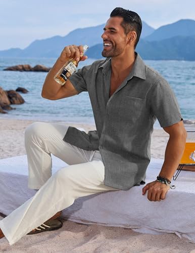 Image of COOFANDY Men's Button Down Shirts Short Sleeve Casual Shirts Summer Beach Linen Shirts with Pocket