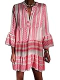 ORANDESIGNE Damen Tunikakleid Boho Strandkleid Langarm Kurzarm Tunika Sommerkleid V-Ausschnitt Kleid Lose Blumenkleid Floral Minikleid A Rosa XXL
