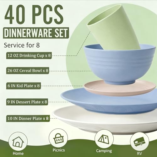Image of 40 PCS Wheat Straw Dinnerware Sets Unbreakable Dishes Set for 8 Plastic Plates and Bowls Sets with Cups Dishwasher & Microwave Safe - Colorful