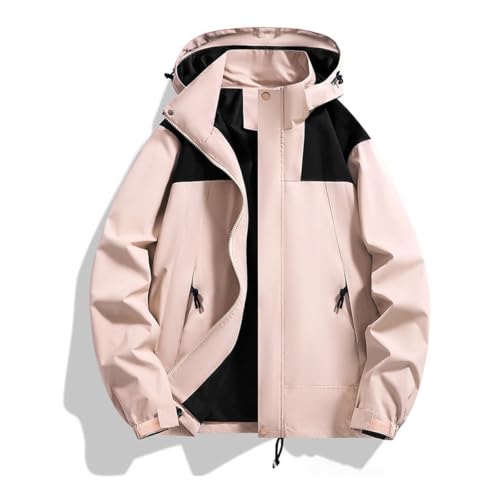 Image of Color Block Waterproof Hooded For Men Rain Shell Jacket Windproof Coat With Adjustable Drawcord Hood & Velcro Cuffs Packable Zip Up Hiking Camping And Fishing Outdoor Activities Pink L