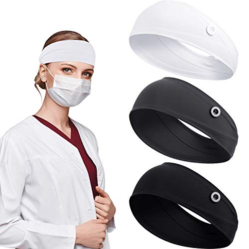 3 Pieces Button Headband Headwrap Ear Protection Holder Stretchy for Face Cover, Multifunctional Hair Band with Buttons for Nurse Doctor People Wearing Face Covers (Black, White and Dark Gray)