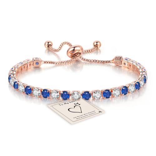 Image of HEEYA Blue Sterling Silver Tennis Bracelets for Women, Rose Gold Adjustable Infinity Crystal Friendship Bracelet Bracelet Diamond Cubic Zircona Lady Birthday Gifts for Womens