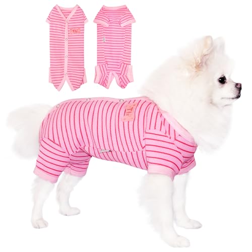 TONY HOBY Dog Female Pajamas, Dog Jumpsuit with Waffle Stripes, 4 Legged Dogs Pajamas for Medium Small Dogs (Pink, Girl, S)