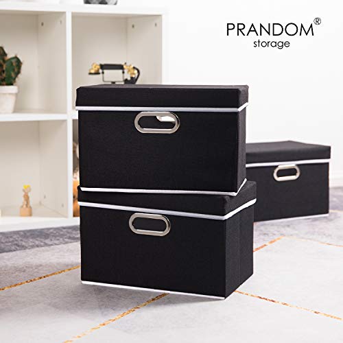 PRANDOM Foldable Storage Box with Lid [3-Pack] Fabric Collapsible Storage Bin Organizer Container Basket Cube with Cover for Home Bedroom Closet Office Nursery Black (14.9x9.8x9.8) - Thumbnail 2
