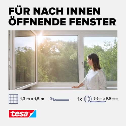 tesa Pollenschutzgitter - zuschneidbarer, transparenter Pollenschutz für Allergiker - für nach innen öffnende Fenster - inkl. Selbstklebendem Klettband - Anthrazit - 130 cm x 150 cm