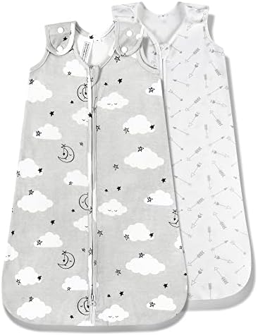 TILLYOU Sleep Sack 2 Pack - Baby Wearable Blanket with 2-Way Zipper,Extra Soft Sleeveless Sleep Sack for Boy Girl, 18-24 Months,Grey Cloud&Gray Arrow