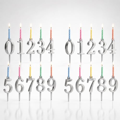 20 PCS (2 Sets) Reusable Number Candle Holder Set for Birthday Cakes - Metal Number Candle Holders Stand - Silver Cake Topper Decorations