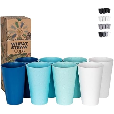 Grow Forward Premium Wheat Straw Cups - Set of 8 Unbreakable BPA Free Reusable Hard Plastic 20 oz Drinking Glasses for Water, Camping, RV - Large Tumblers for Kitchen - Ocean Cover