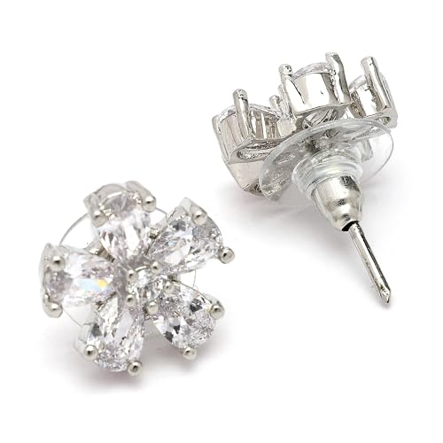 Image of ZENEME Rhodium Plated Silver Toned American Diamond Studded Floral Shaped Pendant Chain With Earrings Jewellery Set For Women And Girls