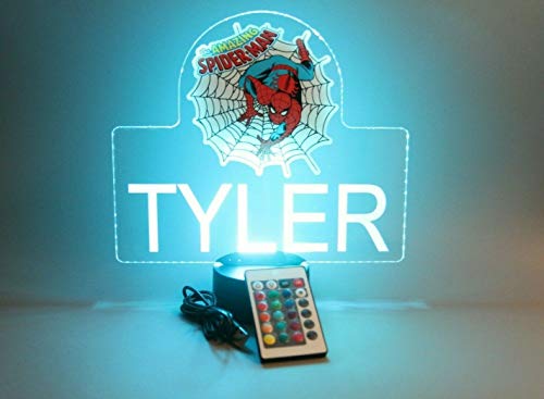Spiderman Spider Man Superheroes Night Light Up Led Table Lamp Energy Efficient Boys Home Room Decor, Personalized Free Engraved, With Remote, 16 Color Options, A Must Have! #TOP25