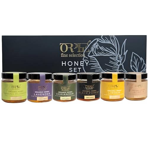Orphe Organic Honey Gift Set (17oz) 6 Flavor Tasting Collection in Glass Jars – Acacia, Lavender, Linden, Coriander, Spring Flowers & Forest – Unfiltered & Unheated, Natural Honey Gift Box for Valentine