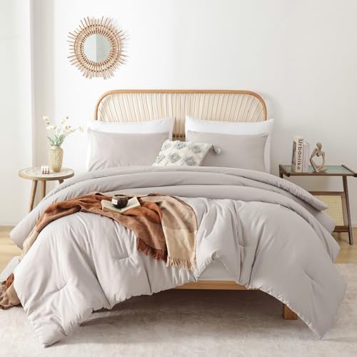 Image of ROSGONIA Queen Comforter Set Linen Grey, 3pcs Queen Size Comforter(1 Boho Gray Comforter & 2 Pillowcases) All Season Lightweight Bedding Blanket Quilt