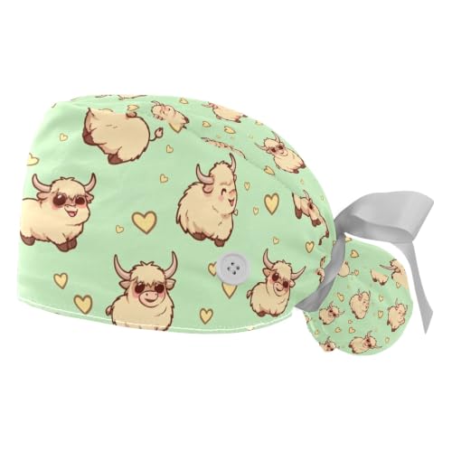 Image of 2 PCS Bouffant Cap with Button Ponytail Pouch Working Cap Sweatband Adjustable Surgical Cap Black and White Cow
