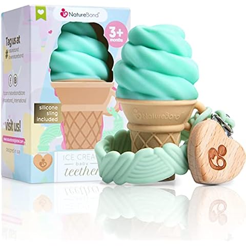 NatureBond Silicone Baby Teether Toy - Ice-Cream Teething Toy with Free Silicone Sling Pacifier Holder Clip | 5 Beautiful Colors | BPA Free | Suitable for All Babies (Mint Green) Cover