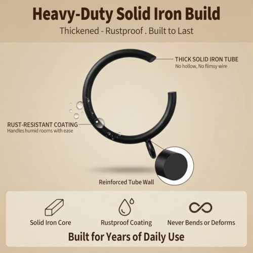 C-Shaped Bypass Curtain Rings w/Eyelets, 2" Heavy Duty Iron (Black) - 5