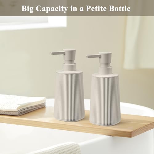 Image of Beige 2 Pack Hand Soap Dispensers Set with No Rust Pump for Bathroom and Kitchen Countertops Refillable Matte Striped Plastic 8.5 oz