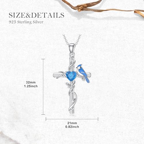 Blue Jay Necklace for Women 925 Sterling Silver Natural Swiss Blue Topaz Blue Jay Cross Pendant Our Love Never Dies Bird Jewelry Gifts for Mom Wife4