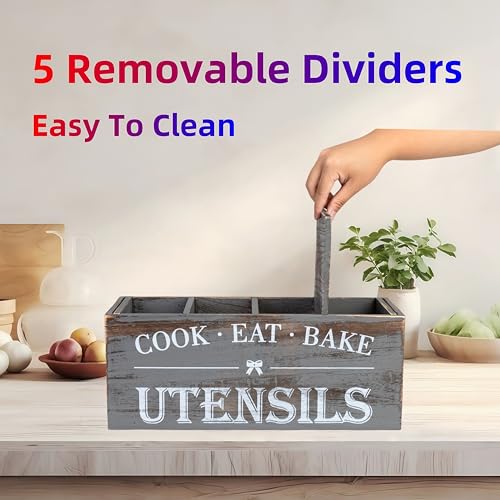 Utensil Holder,Extra Large Wooden Utensil Holder For Kitchen Counter,Cooking Spatula Organizer,Big Storage Caddy With 4 Compartments Flatware Spoon Tool Cutlery(Grey)