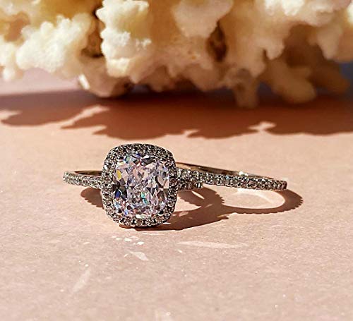 Accented Cushion Cut Halo Engagement Ring Stackable Eternity Wedding Band Micropave Solitaire Bridal Ring Set (6) #TOP3