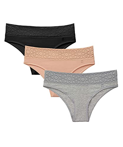Tommy John Women's Underwear, Cheeky Lace Panties, Cool Cotton Fabric, Black/Maple Sugar/Heather Grey, Medium, 3 Pack #TOP6