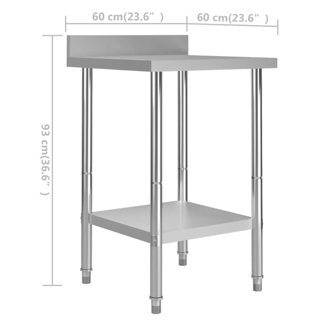 Mesa de trabajo de acero inoxidable con reborde 60 x 60 x 93 cm, capacidad de carga de 80 kg, pies niveladores antideslizantes, estante inferior para gastronomía, cocina, restaurante